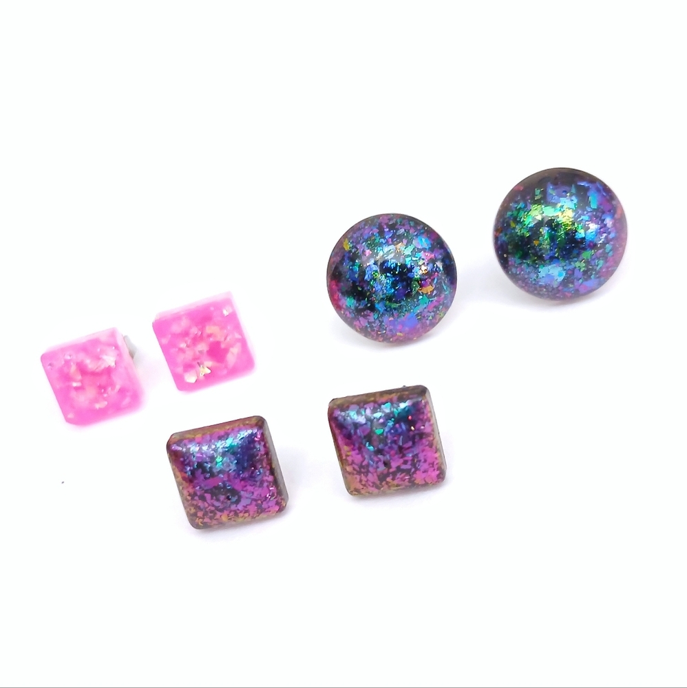 Rainbow color shift stud earrings and faux pink opal glow in the dark earrings